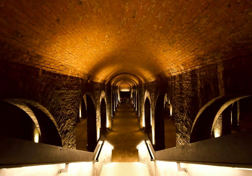 A vaulted brick cellar lit with warm lights