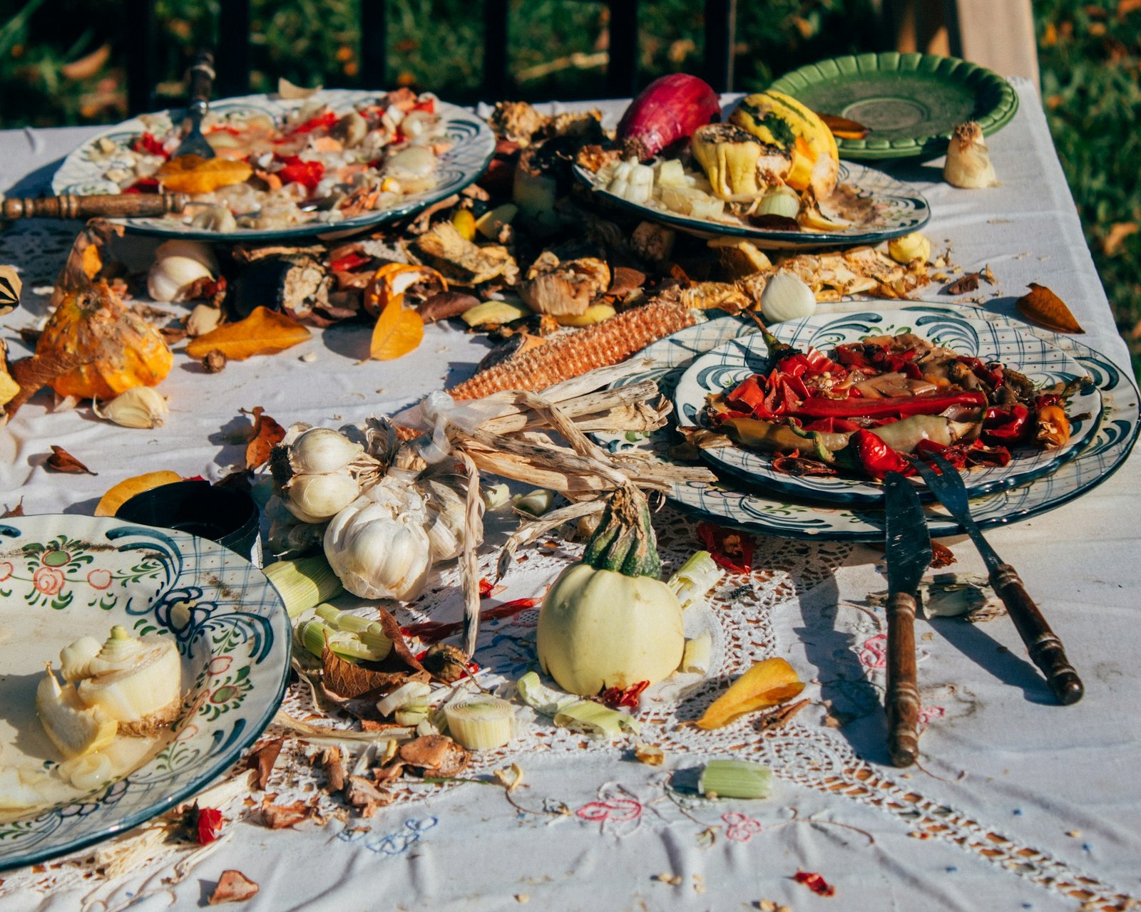 A long table crowded with autumn dishes